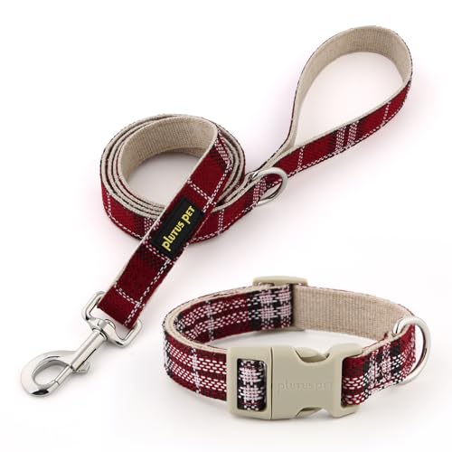 Plutus Pet Hundehalsband und Leine aus Baumwollhanf, verstellbares Halsband für kleine, mittelgroße und große Hunde, strapazierfähig und weich auf der Haut, rotes Karo, Größe L von PLUTUS PET