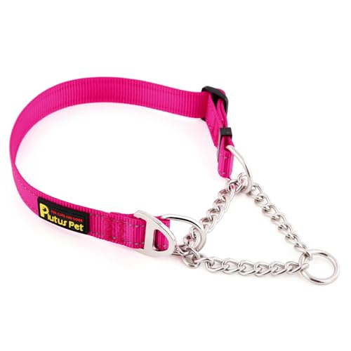 Plutus Pet Martingale Hundehalsband mit Edelstahlkette und reflektierendem Nylon, verstellbares Trainingshalsband ohne Ziehen, für kleine, mittelgroße und große Hunde, Hot Pink, M von PLUTUS PET