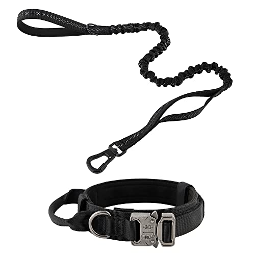 Plutus Pet Taktisches Hundehalsband, weich gepolstert, verstellbar mit robuster Metallschnalle, militärisches Hundehalsband mit Kontrollgriff für mittelgroße und große Hunde (M, Schwarz Set) von PLUTUS PET