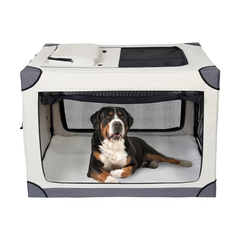 42 Zoll Faltbare Hundebox - Tragbare Hundebox Reisebox Zwinger für Große Hunde, 4-Türer Haustierbox mit Netzfenstern, Indoor & Outdoor von PLYFOU