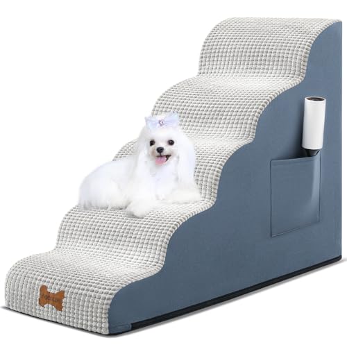 Hundetreppe für Hochbett, 57 cm hoch, extra breite Hundetreppe, Rampe für kleine Hunde und Katzen, rutschfeste Haustiertreppe mit größerem Stufenbereich, keine Montage, 5 Ebenen, Grau von POCBLUE