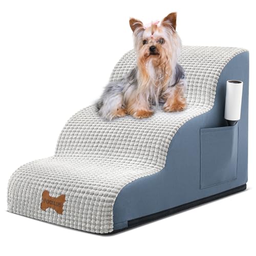 Hundetreppe für kleine Hunde, breite Haustierstufe mit abnehmbarem Bezug, keine Montage, hochdichter Schaumstoff-Katzenrampe für Bett oder Sofa, 3-stufig, Blau von POCBLUE