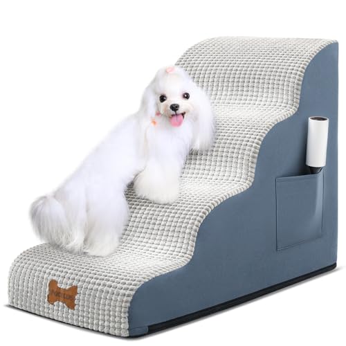 Hundetreppe für kleine Hunde, breite Haustierstufe mit abnehmbarem Bezug, keine Montage, hochdichter Schaumstoff-Katzenrampe für Bett oder Sofa, 4-stufig, Grau von POCBLUE