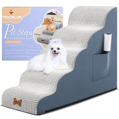 Hundetreppe für kleine Hunde, breite Haustierstufe mit abnehmbarem Bezug, keine Montage, hochdichter Schaumstoff-Katzenrampe für Bett oder Sofa, 5-stufig, Grau von POCBLUE