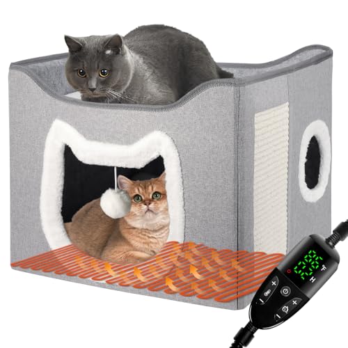 Beheiztes Katzenhaus für Indoor-Katzen - Beheiztes Katzenbett Höhle mit Flauschigem Ball und Kratzpad, Faltbares Katzenversteck Überdachtes Katzenbett für große Katzen Kätzchen kleines Haustier von POGDIK