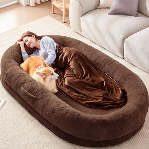 Riesiges Hundebett für Menschen und Erwachsene, riesiges Sitzsack-Bett mit Decke, 182,9 x 121,9 x 25,4 cm, waschbares Kunstfell-Schlafbett, oval, abnehmbar, großer Memory-Schaum, menschliche Größe, von POHARE