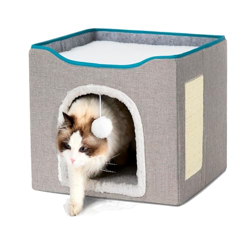 POLIPETS Quadratisches Katzenbett für Indoor-Katzen, große Katzenhöhle für Haustiere, 2 Kissen, leicht und faltbar, mit Kratzbaum und flauschigem Ballaufhänger, wollähnlicher weicher Bezug, 40,6 x von POLIPETS