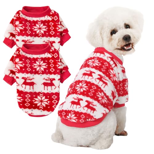 POMIU Hundepullover, Hundepullover für kleine, mittelgroße Hunde oder Katzen, warme, weiche Flanell-Haustierkleidung für Hunde, Mädchen oder Jungen, Hunde-Shirt, Mantel, Jacke (Weihnachtsrot + von POMIU