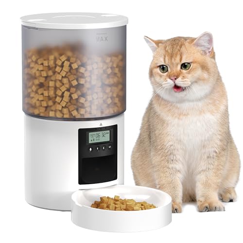 Futterautomat Katze Katzenfutter Automat mit Timer: Futternapf mit Automatic Futterautomat 4L - 10s-Ruf zum Essen - Trockenfutter Futterspender Automatisch für Katze und Hund Weiß von POOEKEN