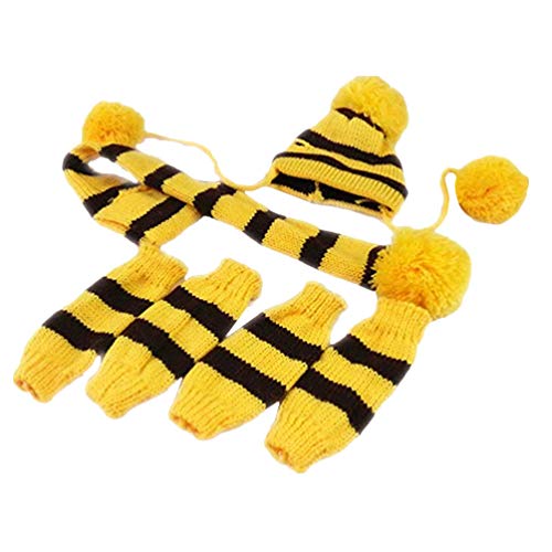 POPETPOP Strickset Strick Winter Hund Schal Mütze Set - Winter Warme Kappen Nackenwärmer Hundekostüme Strickschal Mütze Beinwärmer Winter Gestreift Strickmütze Leggings für Kleine Hunde Welpen von POPETPOP