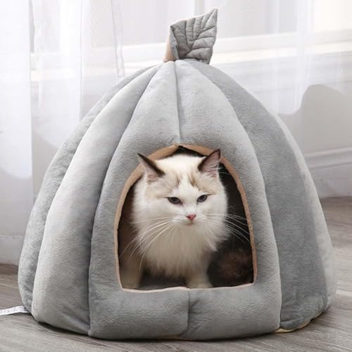 Katzenbett für Indoor-Katzen, niedliches Katzenhöhlenbett im Kürbis-Stil, Katzenhaus Katzenzelt mit abnehmbarem Kissenkissen, weiches flauschiges Kunstpelz Katzenkissen Hundebett für kleine, von POPUPWAVE