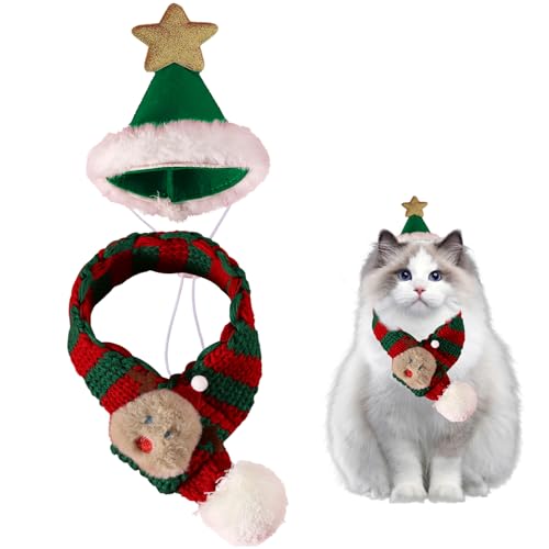 2 Stück Weihnachtskostüm für Katzen, Weihnachtskostüm für Hunde, Weihnachtsmann-Mütze, Schal, Katzenkostüm, Haustier Weihnachtsmütze, Weihnachten Hundekostüm Katzenkostüm (Braun) von PORUPAEL