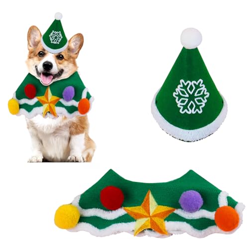 2 Stück Weihnachtskostüm für Katzen, Weihnachtskostüm für Hunde, Weihnachtsmann-Mütze, Schal, Katzenkostüm, Haustier Weihnachtsmütze, Weihnachten Hundekostüm Katzenkostüm (Grün) von PORUPAEL