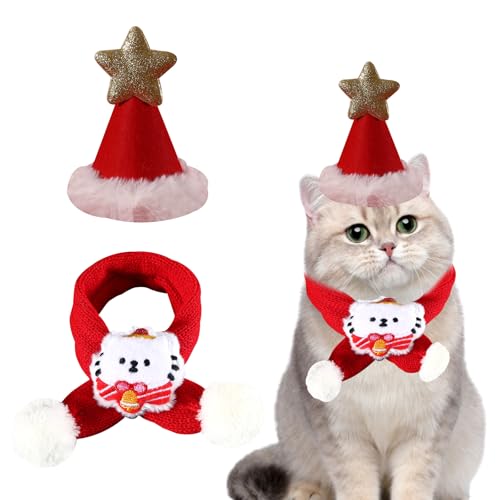 2 Stück Weihnachtskostüm für Katzen, Weihnachtskostüm für Hunde, Weihnachtsmann-Mütze, Schal, Katzenkostüm, Haustier Weihnachtsmütze, Weihnachten Hundekostüm Katzenkostüm (Rot) von PORUPAEL