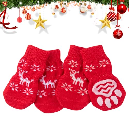 4 Stück Weihnachtssocken für Hunde, Indoor Anti-Rutsch Socken für Hunde, Haustierschutz, Socken für kleine Hunde, Katzen und Welpen, Weihnachtsrentier Socken mit Pfotenabdrücken von PORUPAEL