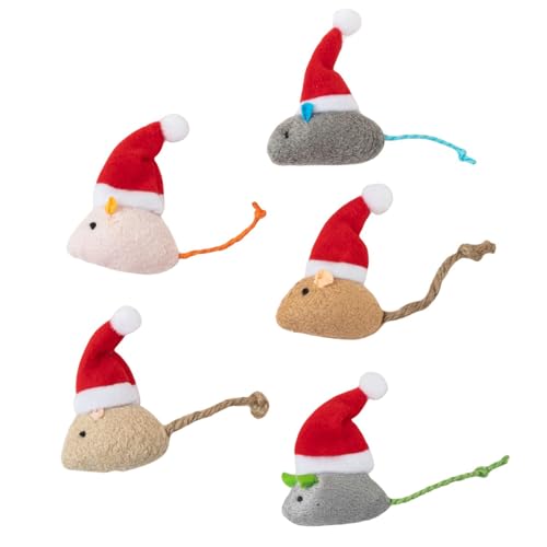 5 Stück Weihnachts Katzenminzen Spielzeug, Plüsch Katzenspielzeug Maus Set Spielzeug Katze Catnip Toy Interaktives für Katzen und Kätzchen, Interaktives Katzen Maus Spielzeug mit Weihnachtsmannmütze von PORUPAEL