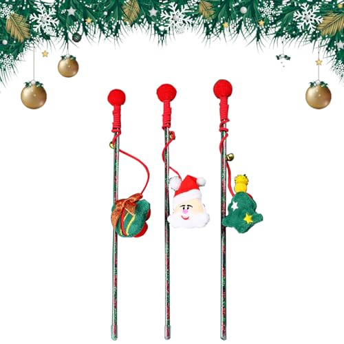 PORUPAEL 3 Stück Katzenspielzeug Weihnachtsspielzeuge für Katzenfederstäbe, interaktives Katzenspielzeug mit Glöckchen, Katzenköder Schnur Stick Katzenspielzeug mit Katzenstäben (Grün) von PORUPAEL