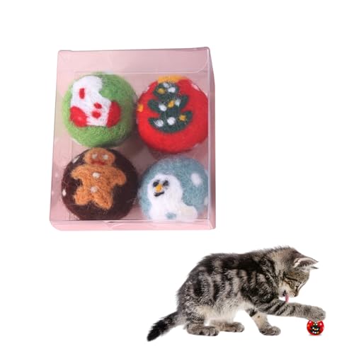 PORUPAEL 4 Stück Weihnachts Katzenbälle Interaktives Katzenspielzeug Ball Weihnachts-Haustierfellbälle Kätzchenspielzeug Plüsch Balle, Interaktives Spielzeug Katzenball für Katze Kätzchen Haustiere von PORUPAEL