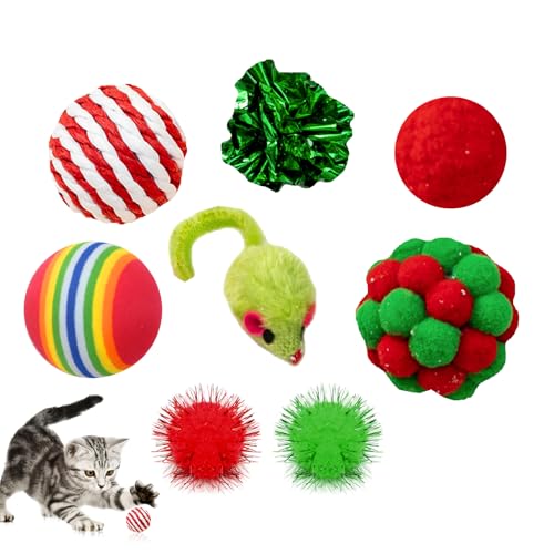 PORUPAEL Weihnachts-Katzenspielzeug, 8-teiliges interaktives Weihnachts-Katzenspielzeug-Set für Weihnachtskatzen, Katzenzahnreinigungsspielzeug Geschenk mit Maus Spielzeug, Bällen von PORUPAEL