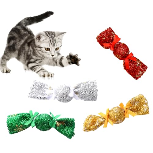 Weihnachts Katzenminze Katzenspielzeug, 4 Stück Weihnachtsbonbons Katzen Spielzeug Set aus Katzenkissen mit Katzenminze Spielzeug Katze Haustier Interaktives Katzen Spielzeug Spielmaus für Katzen von PORUPAEL