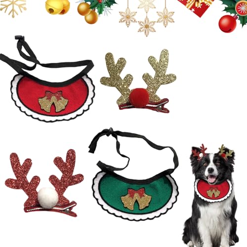 Weihnachtskostüm Katzen Hunde, 4 Stück Haustier Kostüm Weihnachten Kleidung Bandana Schal, Haustier Weihnachtskleidung Weihnachts Outfit Geschenk für Klein Hund Katze (Rot) von PORUPAEL