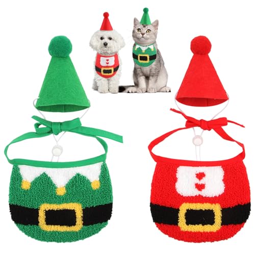 Weihnachtskostüm Katzen Hunde, 4 Stück Haustier Kostüm Weihnachten Kleidung Bandana Weihnachtsmütze Schal, Haustier Weihnachtskleidung Weihnachts Outfit Geschenk für Klein Hund Katze von PORUPAEL