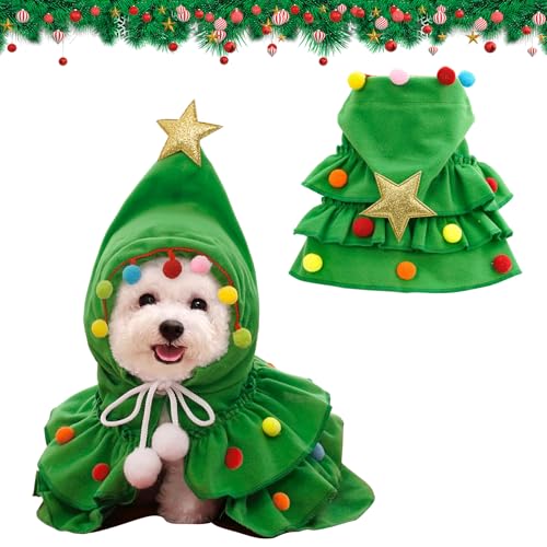 Weihnachtsumhang für Haustiere, Weihnachtskostüm für Haustiere Weihnachtsbaum Katzenumhang mit Weihnachtsmütze Stern und Pompons Kätzchen Kostüme Hunde Xmas Outfit (Grün) von PORUPAEL