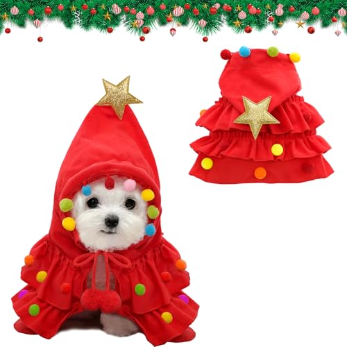 Weihnachtsumhang für Haustiere, Weihnachtskostüm für Haustiere Weihnachtsbaum Katzenumhang mit Weihnachtsmütze Stern und Pompons Kätzchen Kostüme Hunde Xmas Outfit (Rot) von PORUPAEL