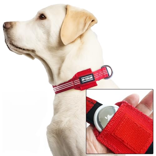 PP COLOR Airtag Hundehalsband mit sicherer Innentasche, gut sichtbare reflektierende Streifen, Premium-Qualität und gemütliche Passform, 30,5–39,4 cm, Rot von PP COLOR