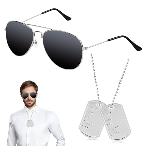 Flieger Captain Kostüm Set 2PCS Flieger Verkleidung Accessoires Sonnenbrille Fliegerbrille und Erkennungsmarke Kette Metall Hundemarke Halskette Tag Anhänger für Erwachsene Karneval Cosplay (Silber) von PPGGOPP