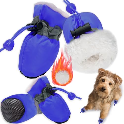 Hundeschuhe Pfotenschutz,4PCS Plüsch Hundestiefel,Hundeschuhe Winter,Hund Schneestiefel,Bequeme Atmungsaktive,Hundeschuhe mit reflektierenden Riemen,für kleine, mittlere,Sport im Freien (Blau 5) von PPGGOPP