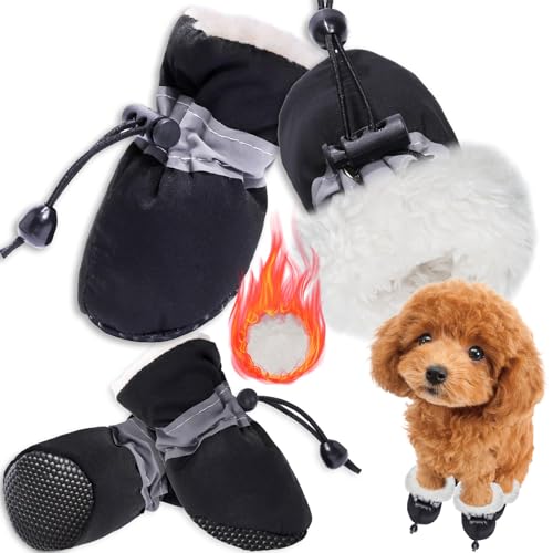 Hundeschuhe Pfotenschutz,4PCS Plüsch Hundestiefel,Hundeschuhe Winter,Hund Schneestiefel,Bequeme Atmungsaktive,Hundeschuhe mit reflektierenden Riemen,für kleine, mittlere,Sport im Freien (Schwarz 4) von PPGGOPP