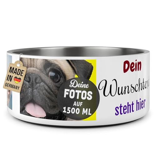 PR Print Royal Hundenapf personalisiert zum selbst gestalten mit Foto-Collage für 4 Fotos & Text - Wassernapf, Fressnapf Hund - Geschenke für Hundebesitzer | Edelstahl, rutschfest 1500 ml von PR Print Royal