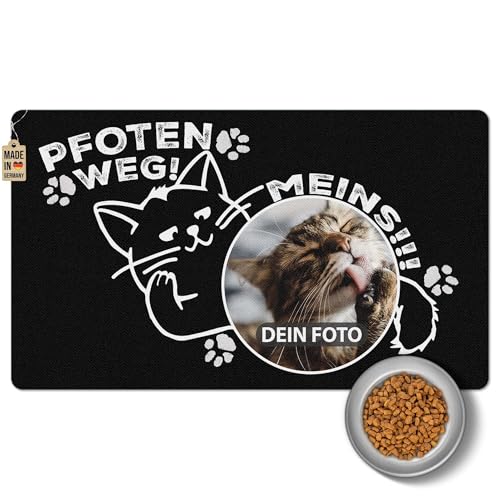 PR Print Royal Napfunterlage mit Foto selbst gestalten - Pfoten Weg, Meins! - Futtermatte für Katzen - Personalisiertes Foto-Geschenk für Katzenbesitzer, Waschbar | 60 x 35 cm, rutschfest von PR Print Royal