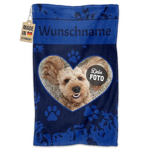 PR Print Royal Personalisiertes Hundehandtuch mit Foto & Name selbst gestalten - Herz - Pfotentuch für Hunde, Haustier-Handtuch | Fotohandtuch, 50 x 30 cm blau von PR Print Royal