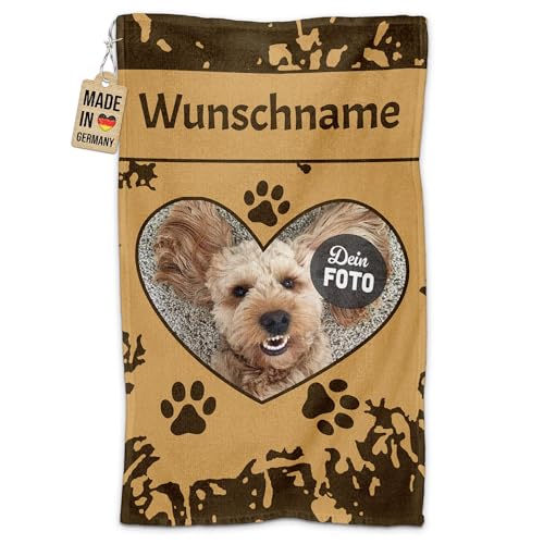 PR Print Royal Personalisiertes Hundehandtuch mit Foto & Name selbst gestalten - Herz - Pfotentuch für Hunde, Haustier-Handtuch | Fotohandtuch, 50 x 30 cm braun von PR Print Royal