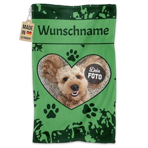 PR Print Royal Personalisiertes Hundehandtuch mit Foto & Name selbst gestalten - Herz - Pfotentuch für Hunde, Haustier-Handtuch | Fotohandtuch, 50 x 30 cm grün von PR Print Royal