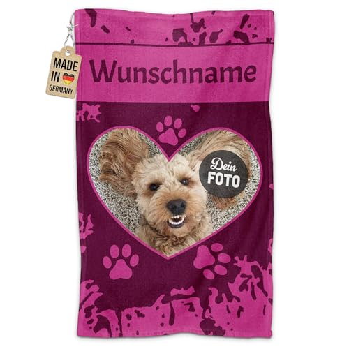 PR Print Royal Personalisiertes Hundehandtuch mit Foto & Name selbst gestalten - Herz - Pfotentuch für Hunde, Haustier-Handtuch | Fotohandtuch, 50 x 30 cm pink von PR Print Royal