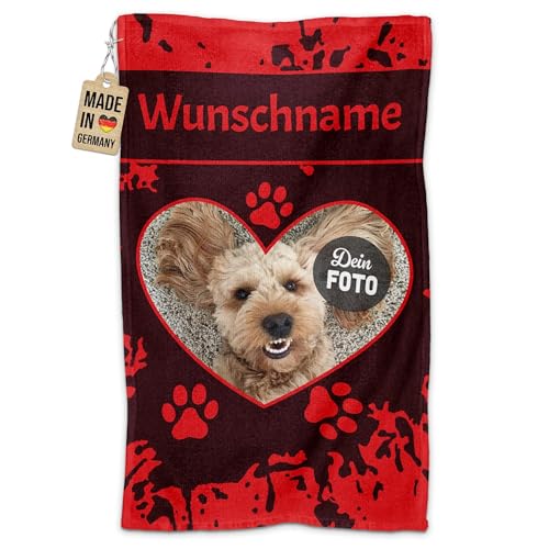 PR Print Royal Personalisiertes Hundehandtuch mit Foto & Name selbst gestalten - Herz - Pfotentuch für Hunde, Haustier-Handtuch | Fotohandtuch, 50 x 30 cm rot von PR Print Royal