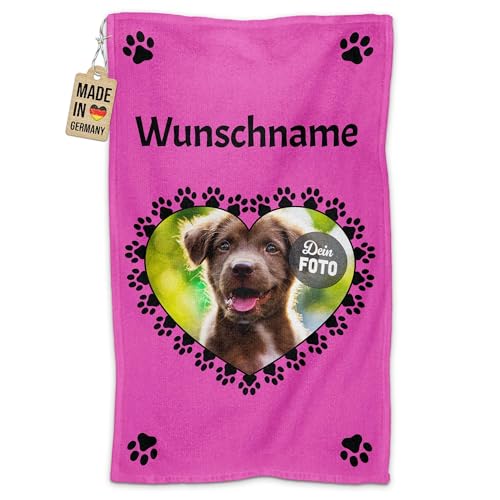 PR Print Royal Personalisiertes Hundehandtuch mit Foto & Name selbst gestalten - Pfoten-Herz - Pfotentuch für Hunde, Haustier-Handtuch | Fotohandtuch, 50 x 30 cm pink von PR Print Royal