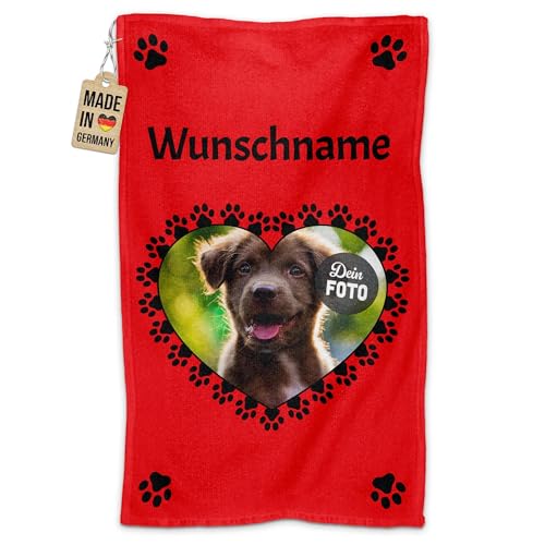 PR Print Royal Personalisiertes Hundehandtuch mit Foto & Name selbst gestalten - Pfoten-Herz - Pfotentuch für Hunde, Haustier-Handtuch | Fotohandtuch, 50 x 30 cm rot von PR Print Royal