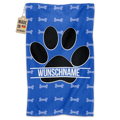 PR Print Royal Personalisiertes Hundehandtuch mit Name selbst gestalten - Hundepfote - Pfotentuch für Hunde, Haustier-Handtuch | Fotohandtuch, 50 x 30 cm blau von PR Print Royal