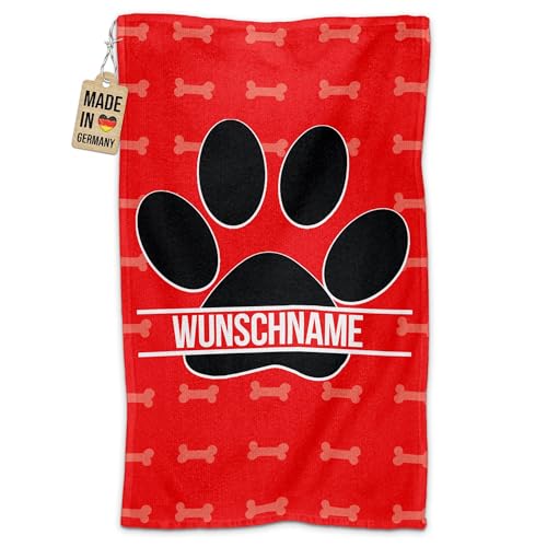 PR Print Royal Personalisiertes Hundehandtuch mit Name selbst gestalten - Hundepfote - Pfotentuch für Hunde, Haustier-Handtuch | Fotohandtuch, 50 x 30 cm rot von PR Print Royal