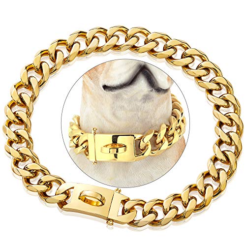 PRADOG Goldkette Hundehalsband Designer-Hundehalsband kubanische Gliederkette mit Sicherheitsdesign-Schnalle, 19 mm, Metall, Edelstahl, Größe L (19 mm, 66 cm) von PRADOG
