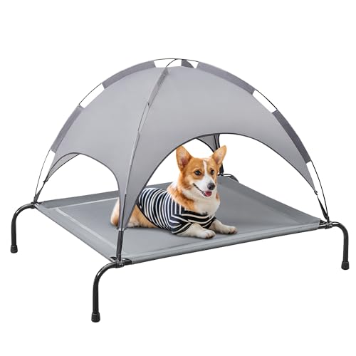 PRAISUN L Outdoor Hundebett mit Baldachin Erhöhtes Hundebett Textilene Mesh Metallrahmen für Indoor Outdoor Rasen Dunkelgrau von PRAISUN