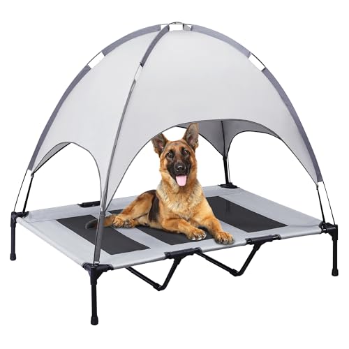 PRAISUN Outdoor Hundebett mit Baldachin, XXL erhöhtes Hundebett, Hundebett, Haustierbett mit Oxford-Gewebe, Textilene-Netz, Tragetasche, kühlend und tragbar, für drinnen, draußen, Strand, Silbergrau von PRAISUN