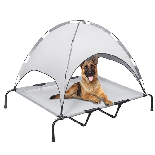 PRAISUN XXL Outdoor Hundebett mit Baldachin Erhöhtes Hundebett Textilene Mesh Metallrahmen für Indoor Outdoor Rasen Silbergrau von PRAISUN