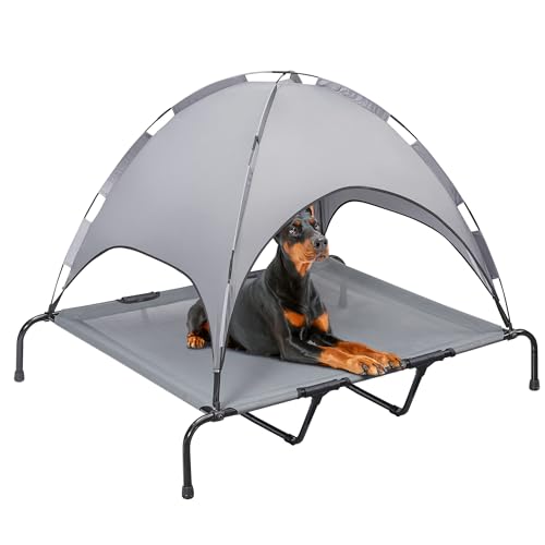 PRAISUN XXXL Outdoor Hundebett mit Baldachin Erhöhtes Hundebett Textilene Mesh Metallrahmen für Indoor Outdoor Rasen Dunkelgrau von PRAISUN