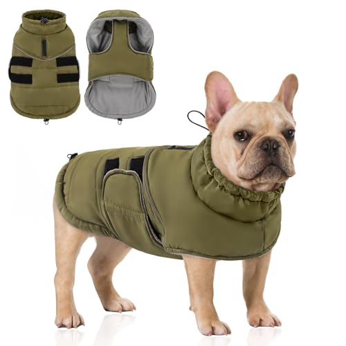 Peferhouse Warmer Wintermantel für Hunde, kaltes Wetter, winddicht, reflektierende Jacke mit Geschirrloch, dicke Hundeweste, Armeegrün, Größe M von PREFERHOUSE