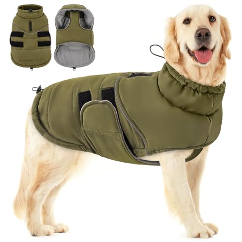 Peferhouse Warmer Wintermantel für extra große Hunde, kaltes Wetter, winddicht, reflektierende Jacke mit Geschirrloch, dicke Hundeweste, Jacke, Armeegrün, Größe XL von PREFERHOUSE